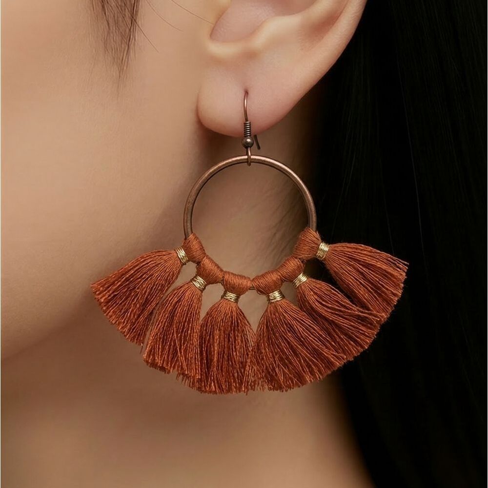 Rust Boho Fringe Tassel Hoop Fan Dangle Drop Earrings Tribal Native Jewelry NEW